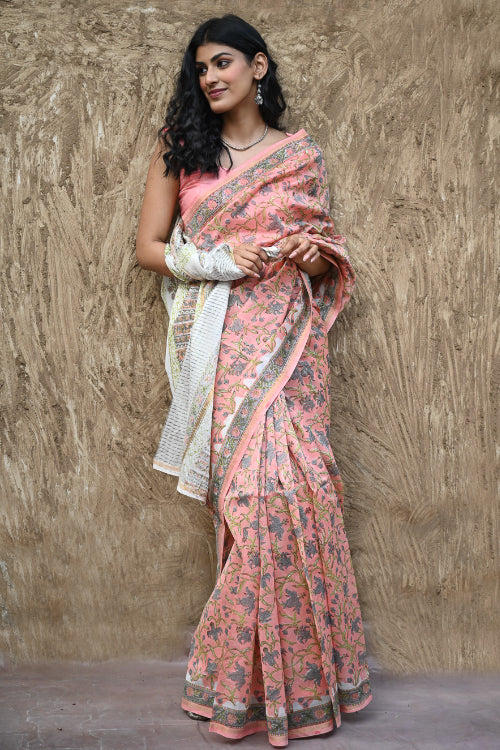 The ICH Sanganer Summers : Hand Block Printed Chanderi Saree - Gulnaar