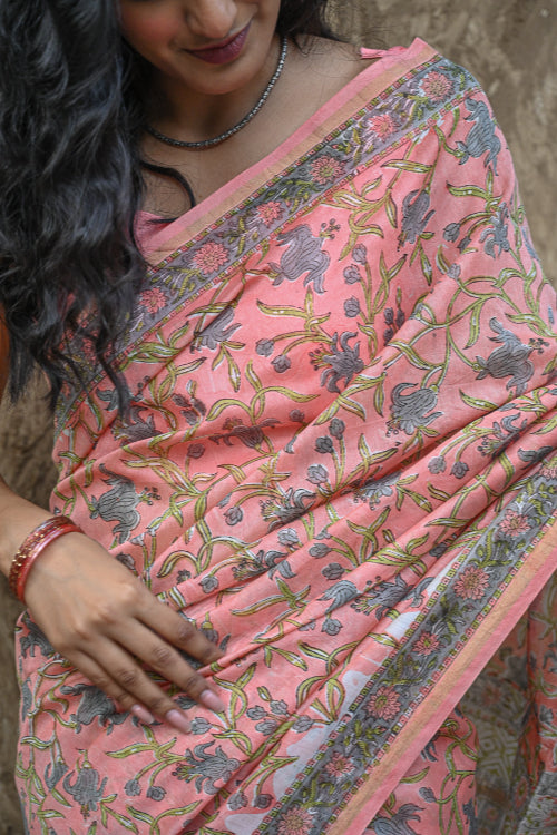 The ICH Sanganer Summers : Hand Block Printed Chanderi Saree - Gulnaar