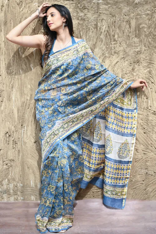 The ICH Sanganer Summers : Hand Block Printed Chanderi Saree - Blue Garden