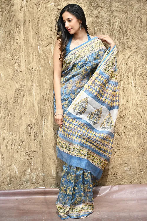 The ICH Sanganer Summers : Hand Block Printed Chanderi Saree - Blue Garden