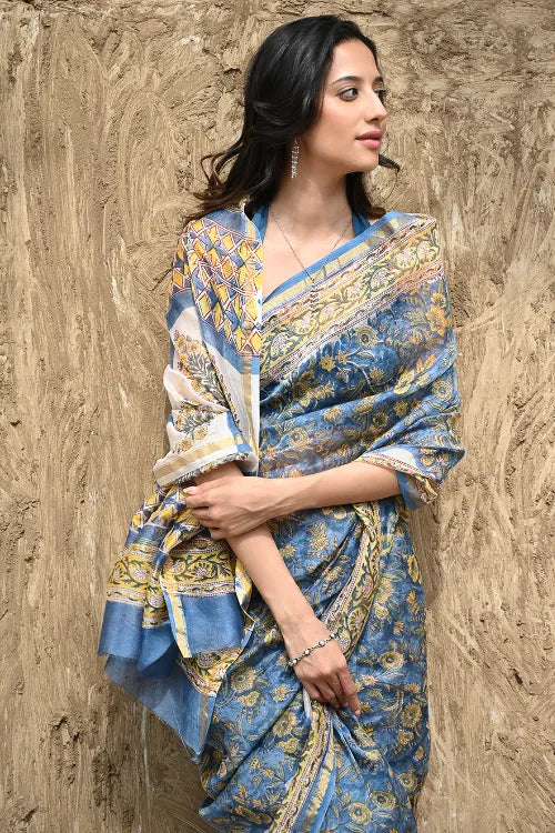 The ICH Sanganer Summers : Hand Block Printed Chanderi Saree - Blue Garden