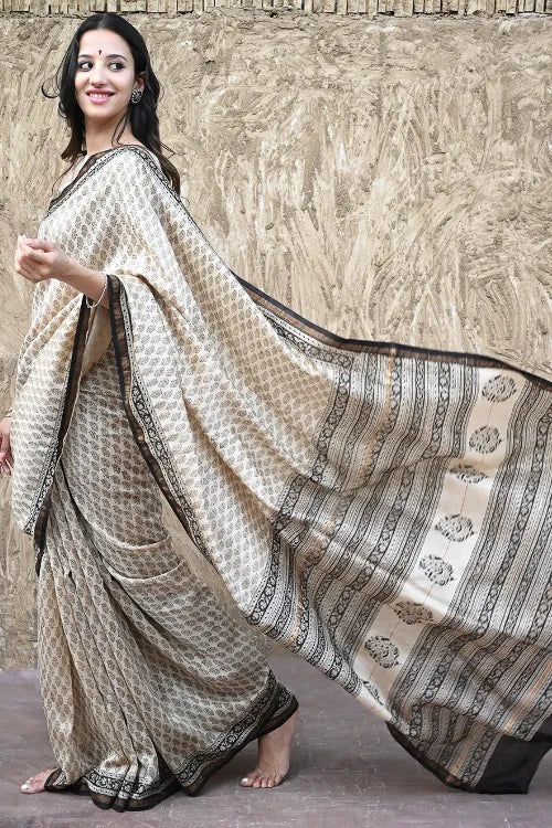 The ICH Bagru Statements : Hand Block Printed Chanderi Saree - Ivory Shimmer