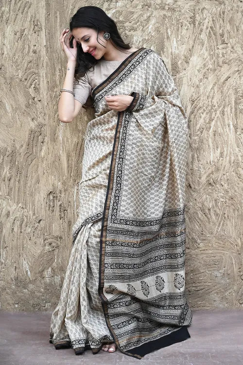 The ICH Bagru Statements : Hand Block Printed Chanderi Saree - Ivory Shimmer