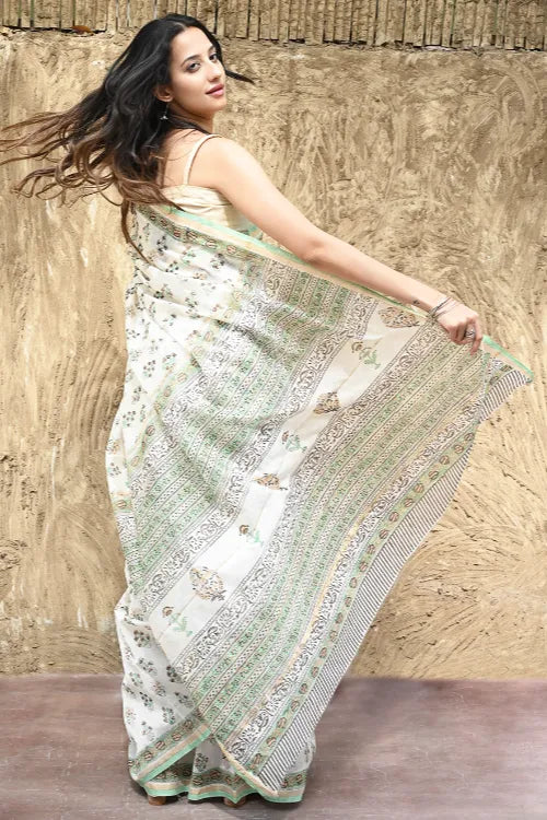 Sanganer Summers : Hand Block Printed Chanderi Saree - Ivory Blooms