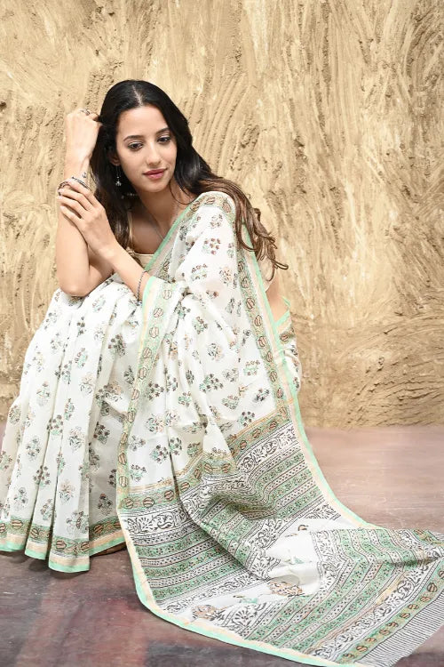 Sanganer Summers : Hand Block Printed Chanderi Saree - Ivory Blooms
