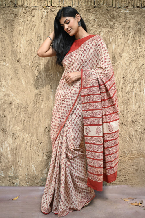 The ICH Bagru Statements : Hand Block Printed Cotton Saree - Dhara Phool