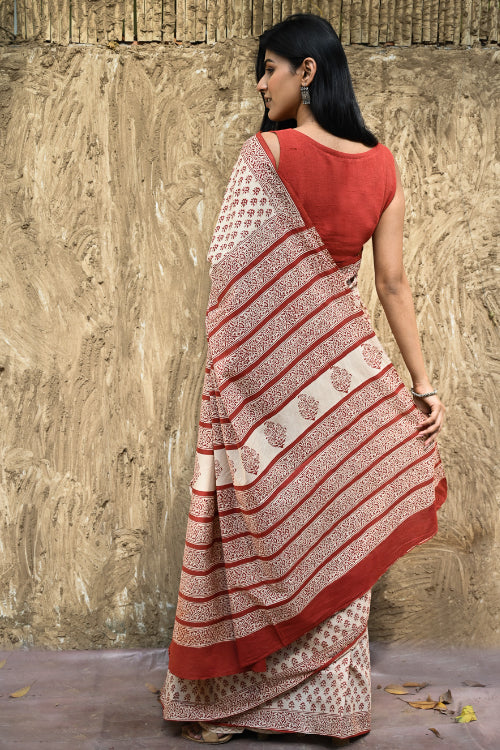 The ICH Bagru Statements : Hand Block Printed Cotton Saree - Dhara Phool