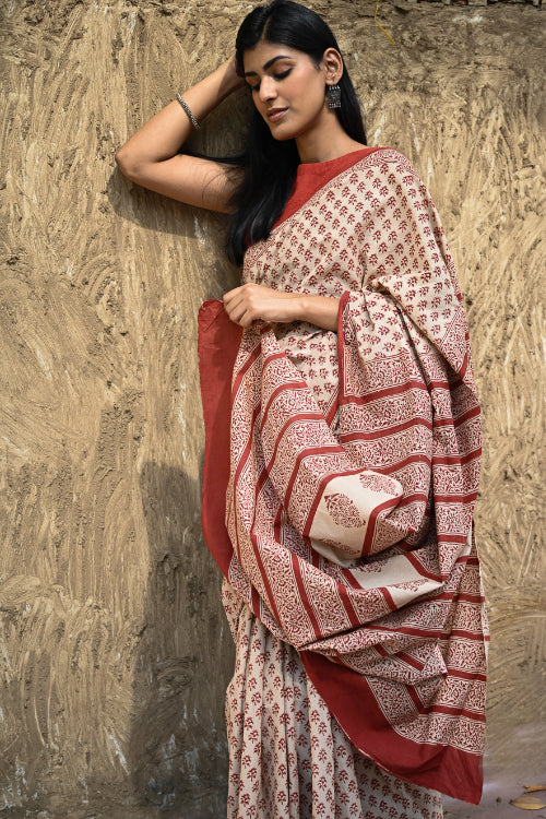 The ICH Bagru Statements : Hand Block Printed Cotton Saree - Dhara Phool