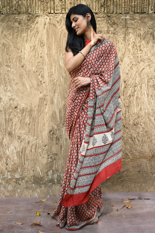The ICH Bagru Statements : Hand Block Printed Cotton Saree - Mandala Rang