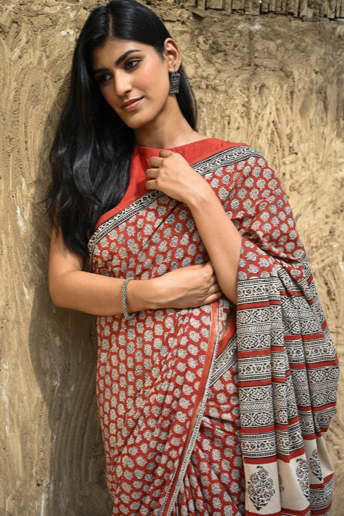 The ICH Bagru Statements : Hand Block Printed Cotton Saree - Mandala Rang