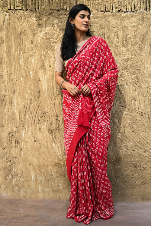 The ICH Dabu Vibes : Hand Block Printed Cotton Saree - Rakta Pallavi
