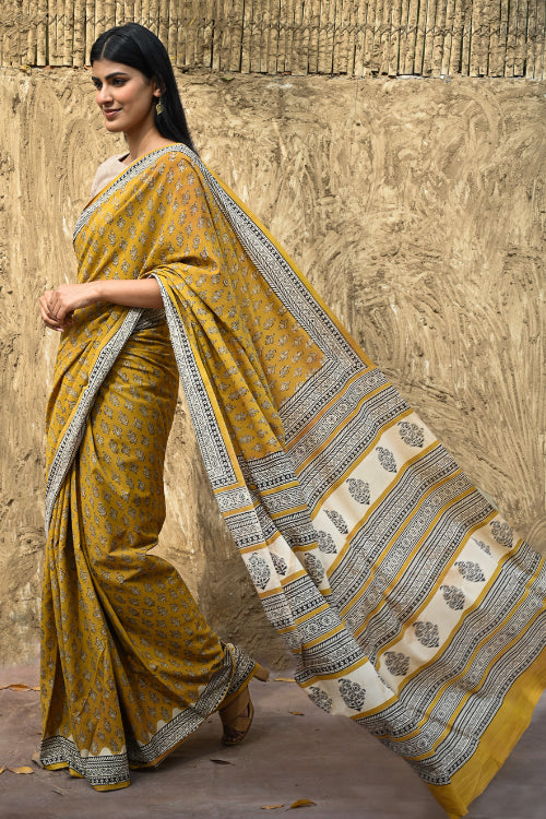 The ICH Bagru Statements : Hand Block Printed Cotton Saree - Kesarika