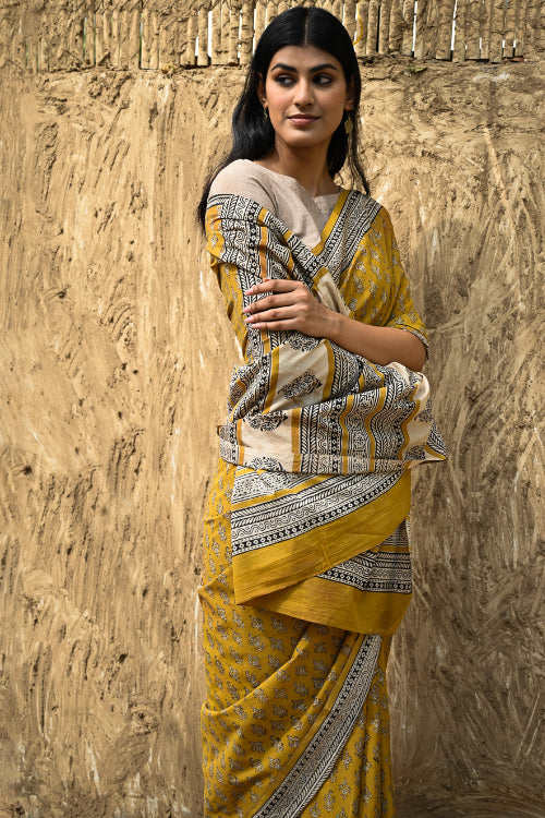 The ICH Bagru Statements : Hand Block Printed Cotton Saree - Kesarika