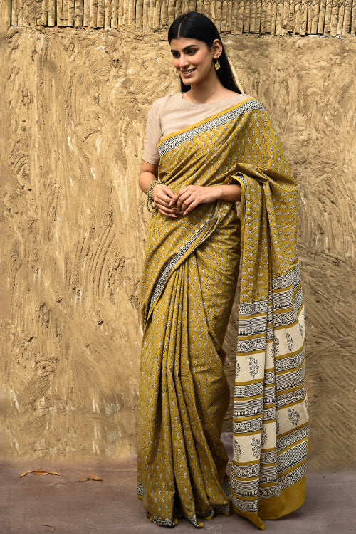 The ICH Bagru Statements : Hand Block Printed Cotton Saree - Peetambari
