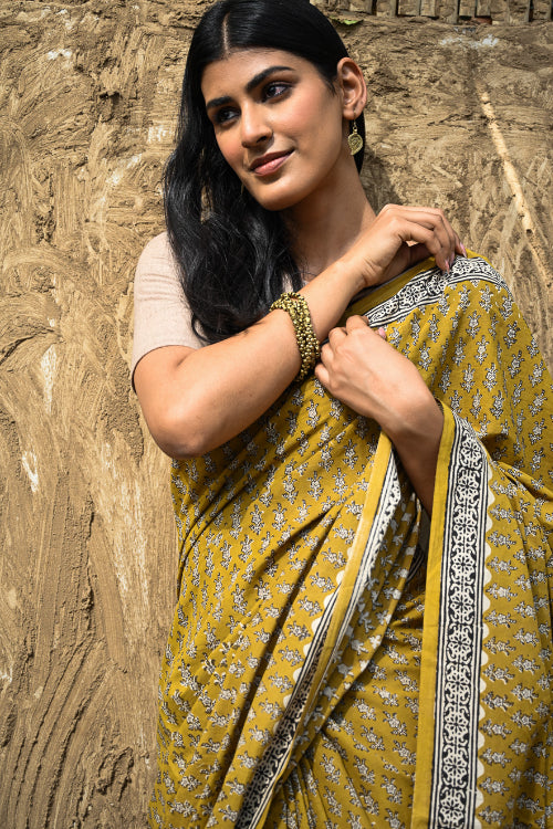 The ICH Bagru Statements : Hand Block Printed Cotton Saree - Peetambari