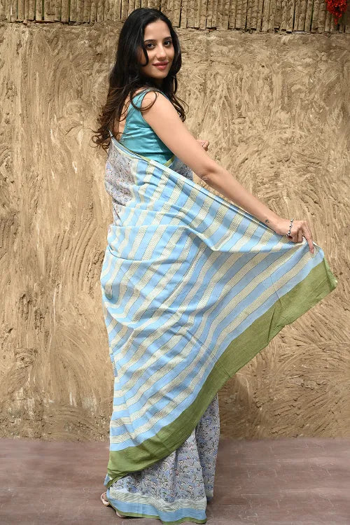 The ICH Sanganer Summers : Hand Block Printed Mul Cotton Saree - Dhusar Neel
