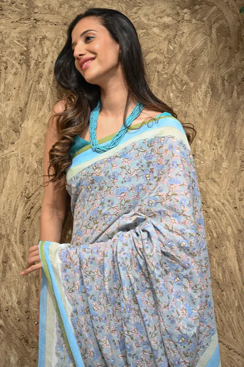 The ICH Sanganer Summers : Hand Block Printed Mul Cotton Saree - Dhusar Neel