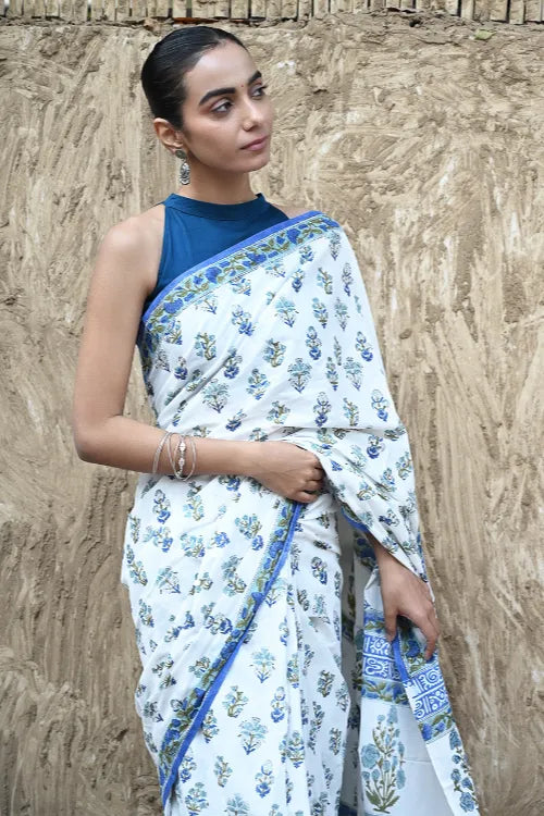 The ICH Sanganer Summers : Hand Block Printed Mul Cotton Saree - Champa Aur Buta