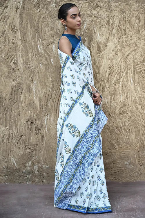 The ICH Sanganer Summers : Hand Block Printed Mul Cotton Saree - Champa Aur Buta