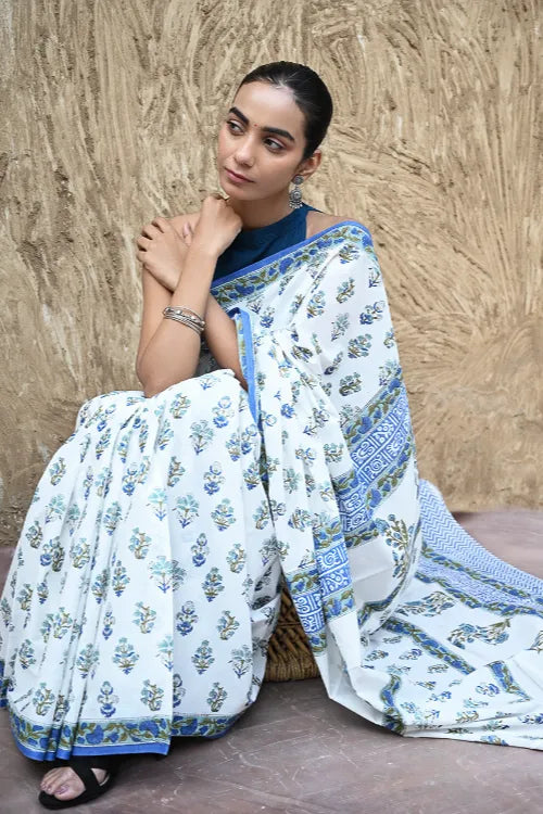The ICH Sanganer Summers : Hand Block Printed Mul Cotton Saree - Champa Aur Buta