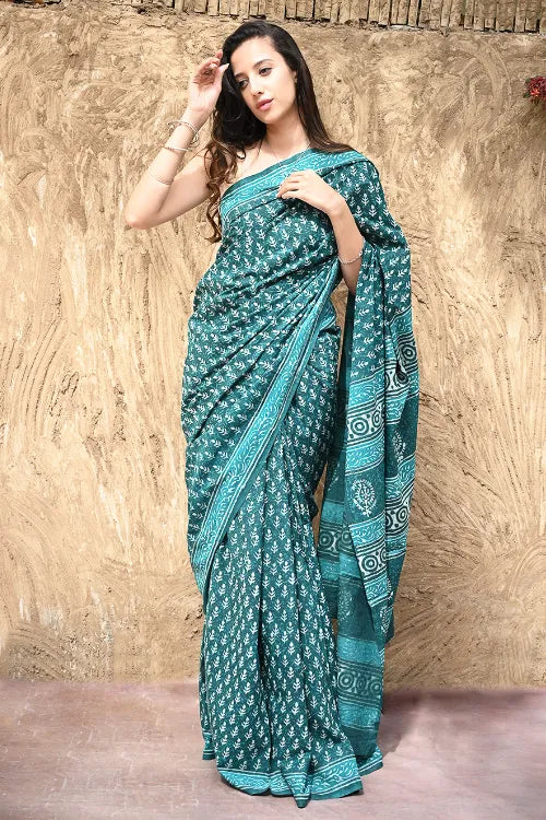 Dabu Vibes : Hand Block Printed Cotton Saree - Teal Butis