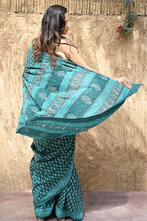 Dabu Vibes : Hand Block Printed Cotton Saree - Teal Butis