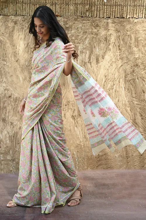 Sanganer Summers : Hand Block Printed Cotton Saree - Sweet Alyssum
