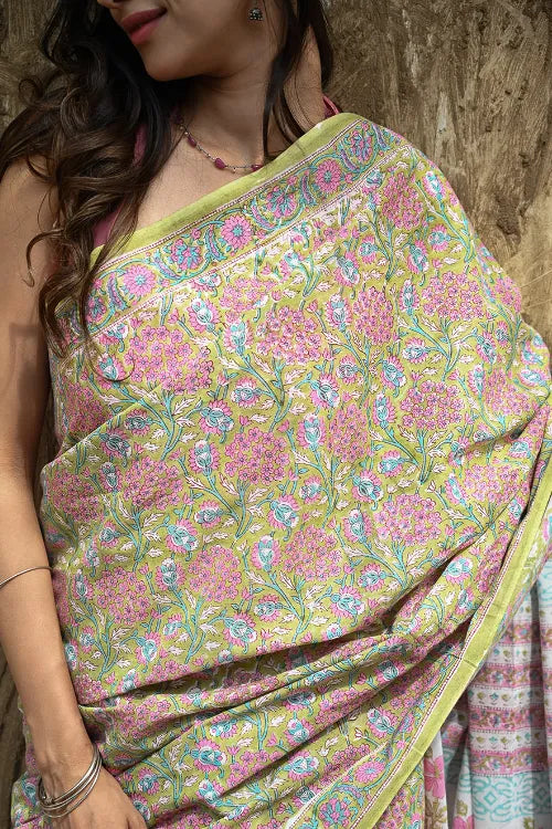 Sanganer Summers : Hand Block Printed Cotton Saree - Sweet Alyssum