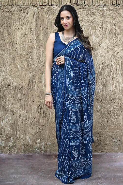 The ICH Dabu Vibes : Hand Block Printed Georgette Saree - Neel Bel