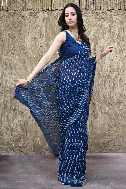 The ICH Dabu Vibes : Hand Block Printed Georgette Saree - Neel Bel