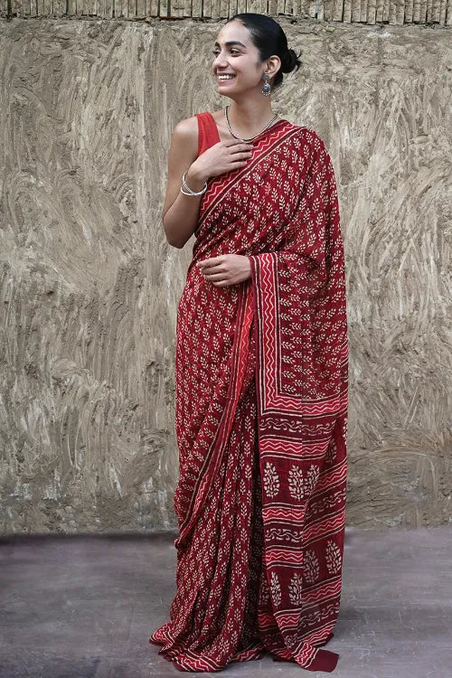 The ICH Dabu Vibes : Hand Block Printed Georgette Saree - Surkh Angoori