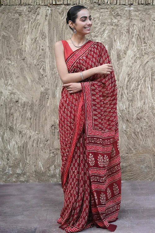 The ICH Dabu Vibes : Hand Block Printed Georgette Saree - Surkh Angoori