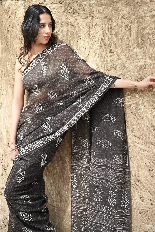 Dabu Vibes : Hand Block Printed Georgette Saree - Smoke And Charcoal