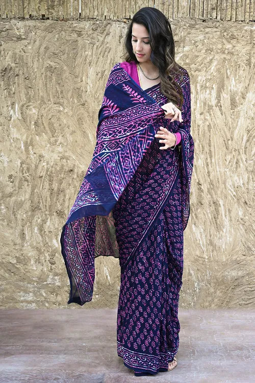 Dabu Vibes : Hand Block Printed Georgette Saree - Jaamuni Picnic