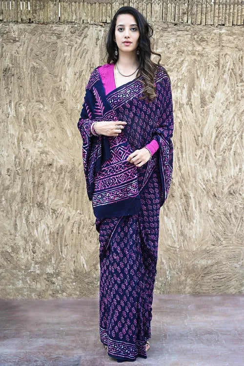 Dabu Vibes : Hand Block Printed Georgette Saree - Jaamuni Picnic