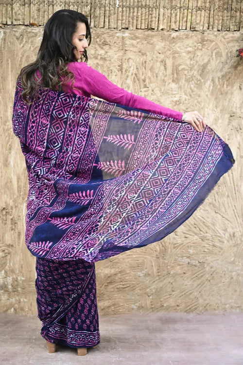 Dabu Vibes : Hand Block Printed Georgette Saree - Jaamuni Picnic