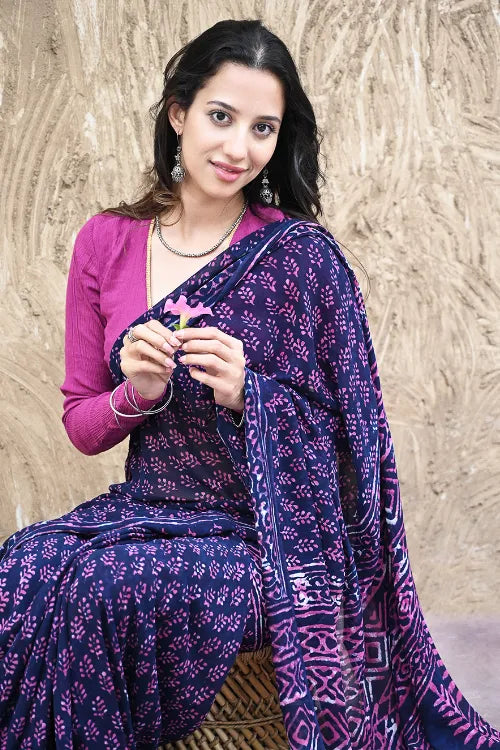 Dabu Vibes : Hand Block Printed Georgette Saree - Jaamuni Picnic