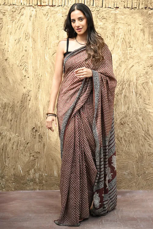 The ICH Bagru Statements : Hand Block Printed Modal Silk Saree - Maru Kasturi