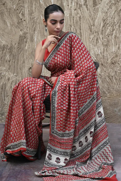 The ICH Bagru Statements : Hand Block Printed Modal Silk Saree - Lal Buti