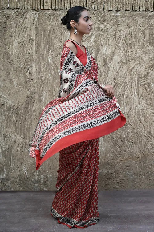 The ICH Bagru Statements : Hand Block Printed Modal Silk Saree - Lal Buti