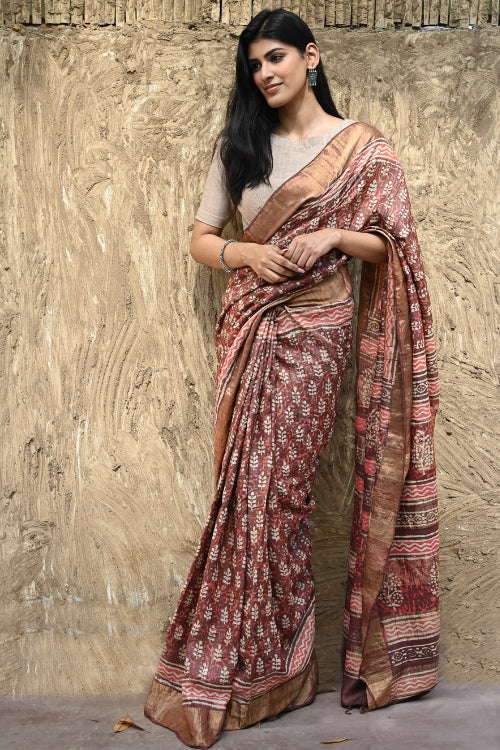 The ICH Dabu Vibes : Hand Block Printed Tussore Silk Saree - Gerua
