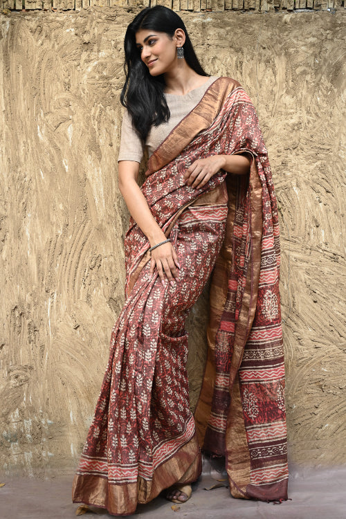 The ICH Dabu Vibes : Hand Block Printed Tussore Silk Saree - Gerua