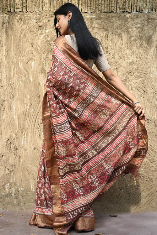 The ICH Dabu Vibes : Hand Block Printed Tussore Silk Saree - Gerua