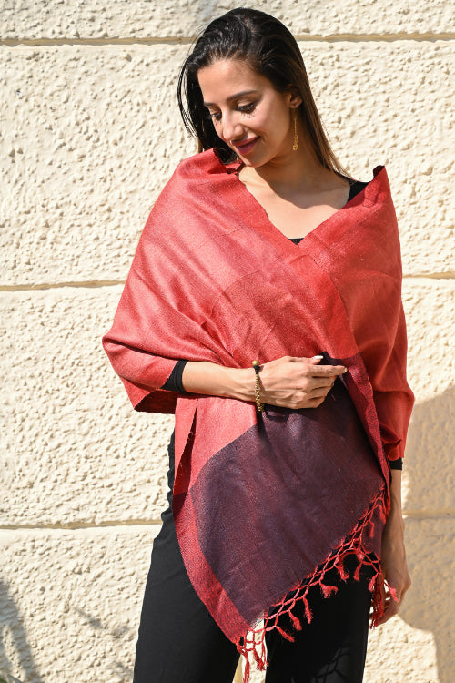 The ICH Exclusive Bhagalpur Tussar Silk Stole - Crimson Bark