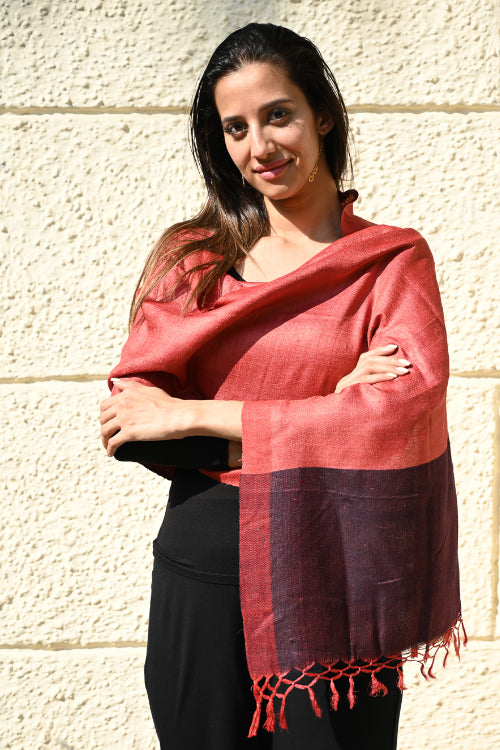 The ICH Exclusive Bhagalpur Tussar Silk Stole - Crimson Bark