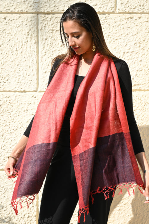 The ICH Exclusive Bhagalpur Tussar Silk Stole - Crimson Bark