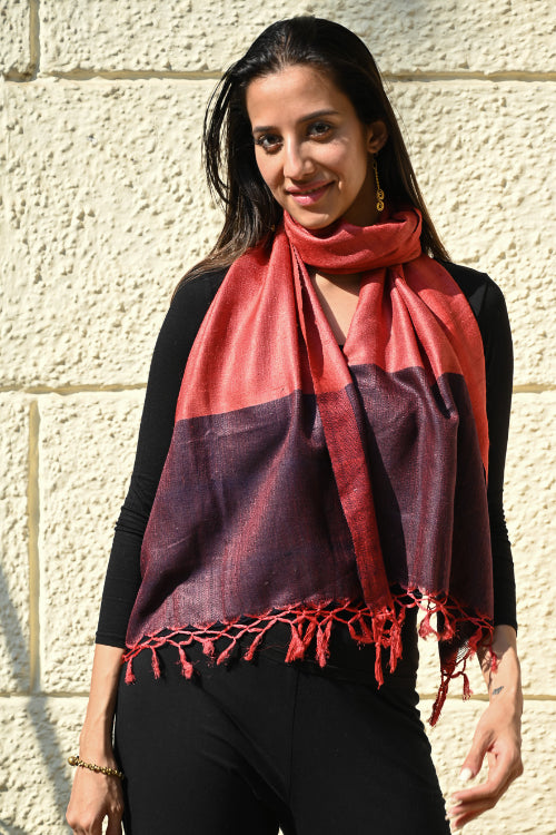 The ICH Exclusive Bhagalpur Tussar Silk Stole - Crimson Bark