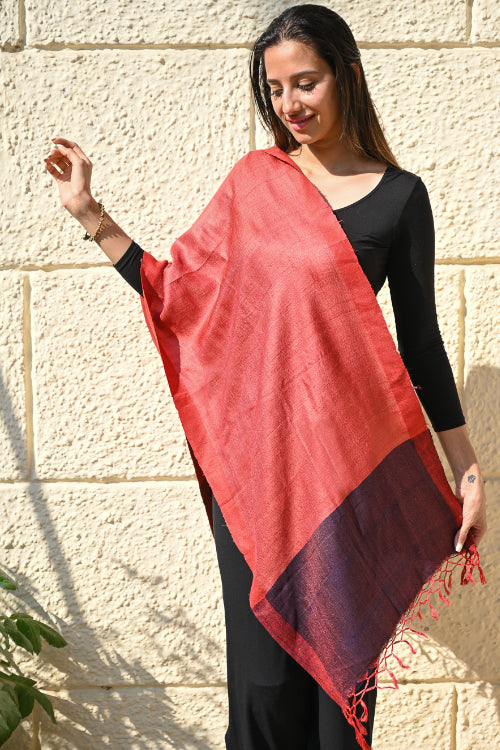 The ICH Exclusive Bhagalpur Tussar Silk Stole - Crimson Bark