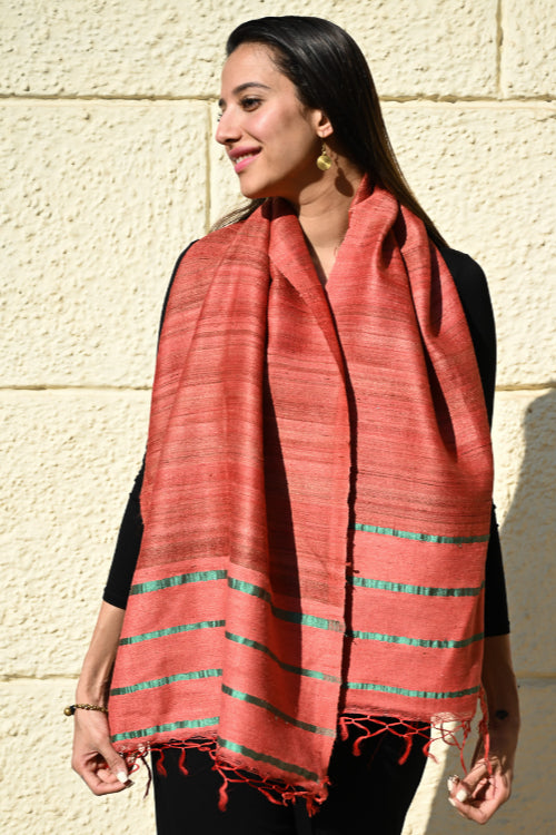 The ICH Exclusive Bhagalpur Tussar Silk Stole - Coral Sea