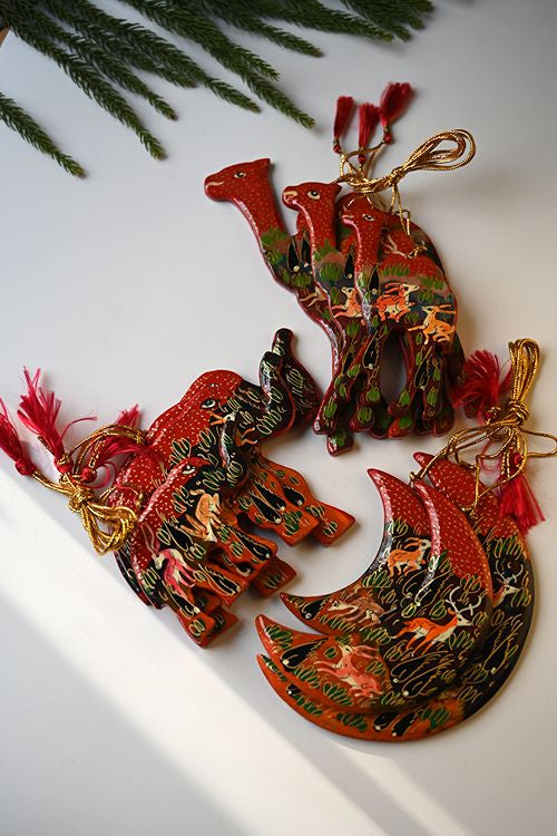 Kashmiri Art Xmas Decorations - Red Forest (Set Of 9)